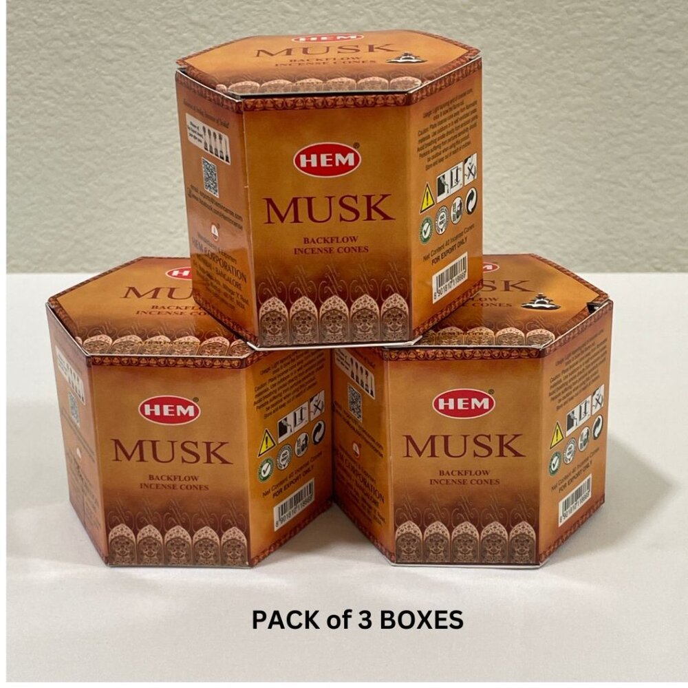 HEM Back Flow Incense Cones, Musk, Pack of 3 Boxes - Total 120 Cones